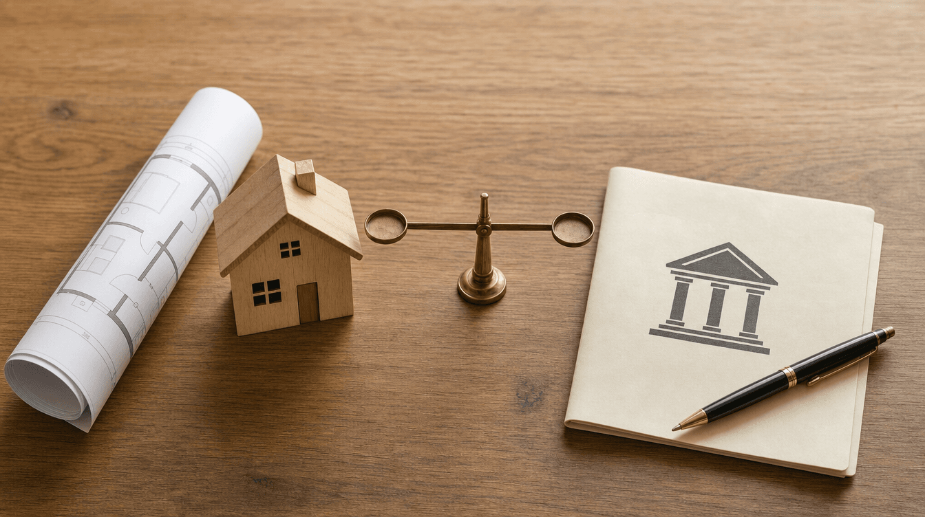 A conceptual flat-lay weighing two funding routes: a house plan and model house on one side, a bank document and pen on the other