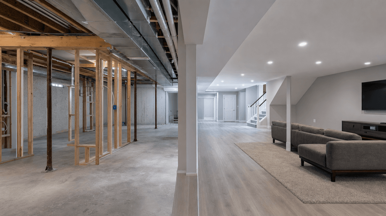 An unfinished basement with framing and exposed ducts transitioning to a polished finished space.