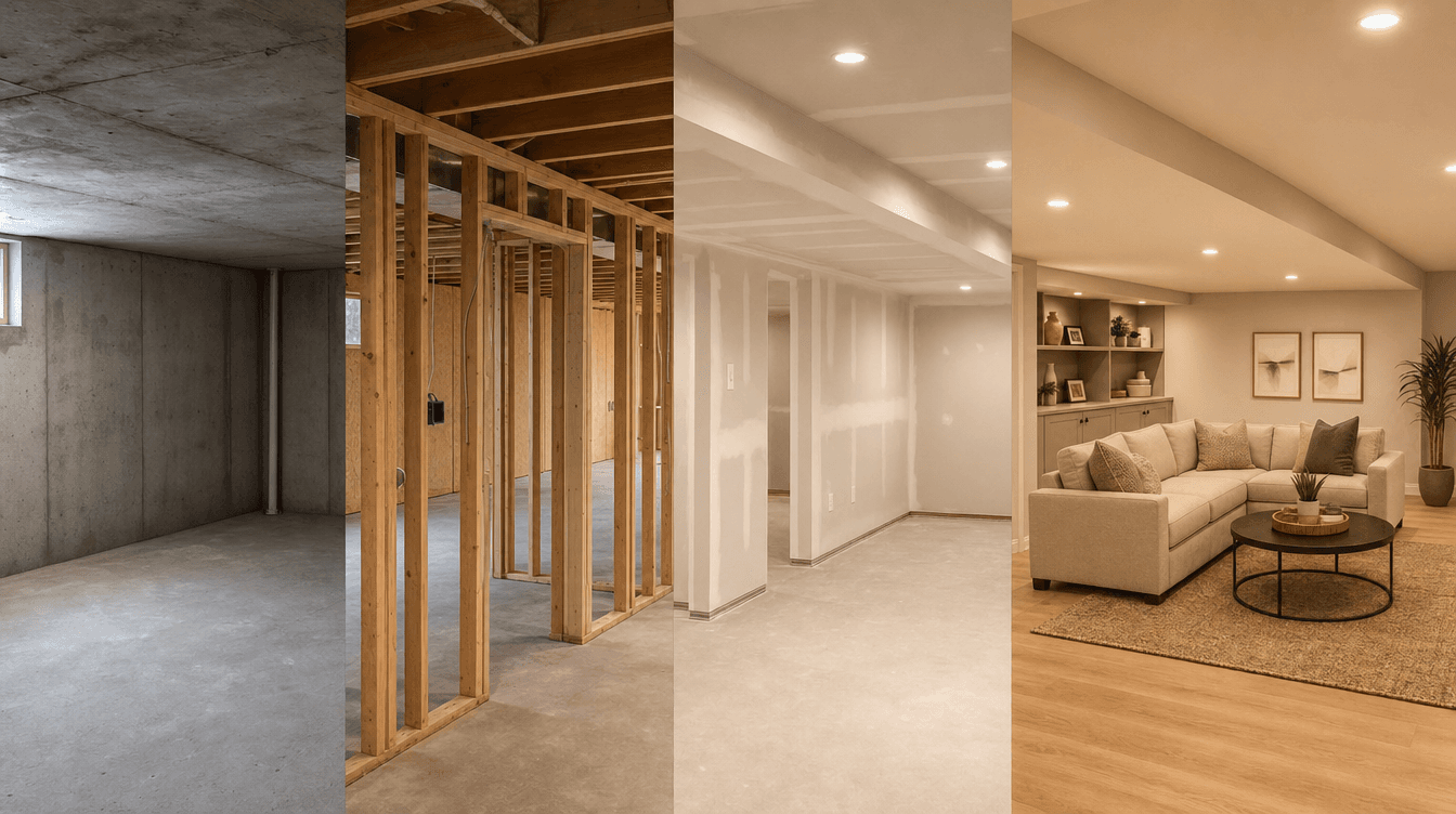A basement progressing from bare concrete to framing to drywall to finished, a sequence montage