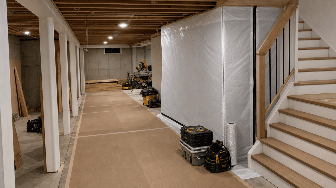 A freshly protected basement work area on day one with floor protection and a sealed dust barrier at the stairs