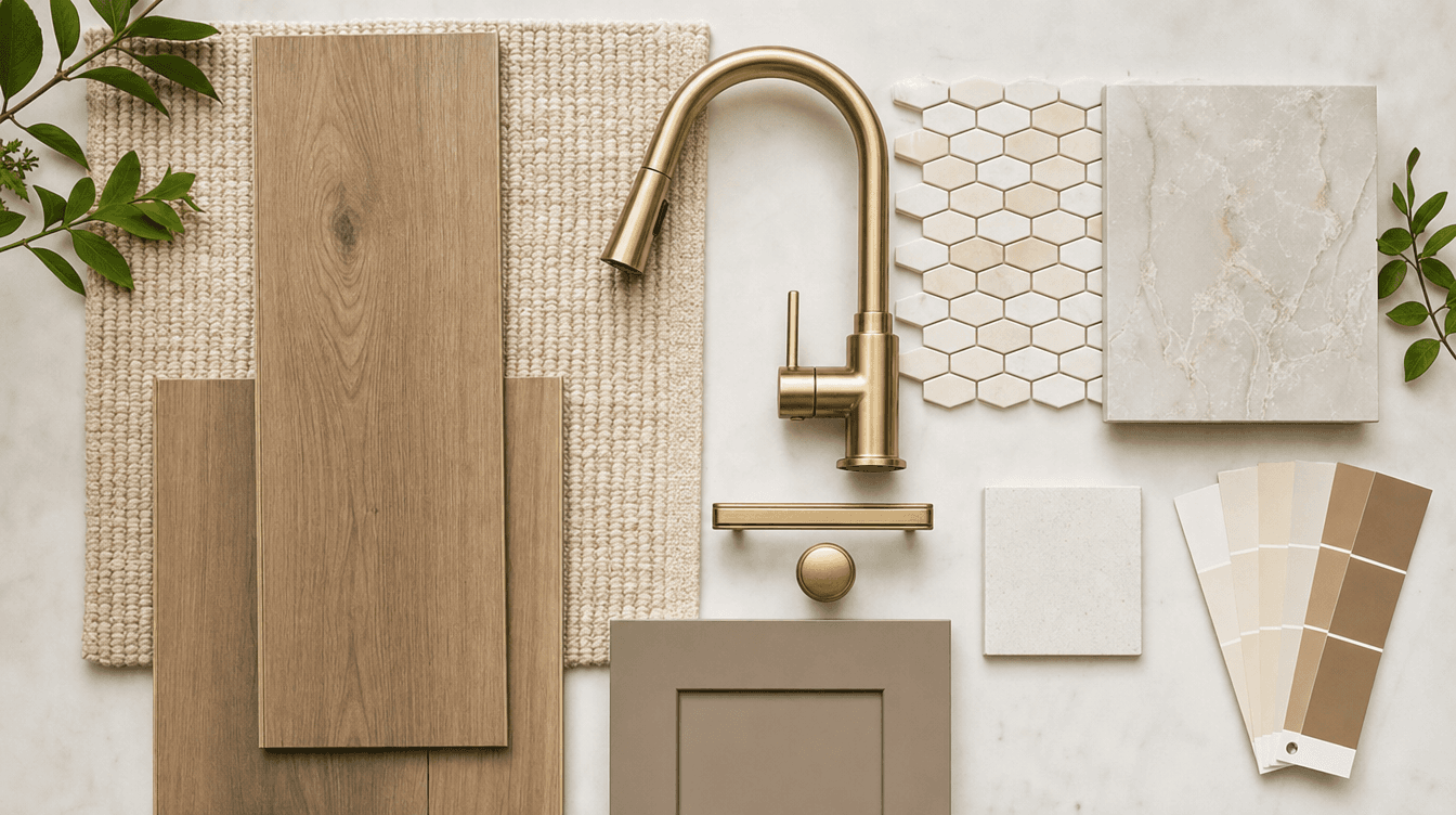 A basement materials and finishes flat-lay with countertop and surface samples, conveying selecting materials for a bar or kitchenette