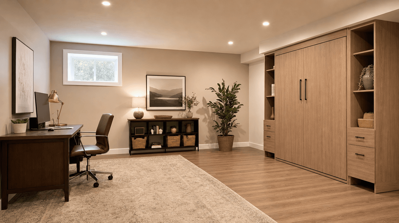 A versatile finished basement room reading as an office with a Murphy bed cabinet and open floor space, hinting at multiple uses
