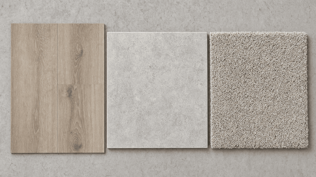 Three basement flooring samples side by side: luxury vinyl plank, ceramic tile, and carpet
