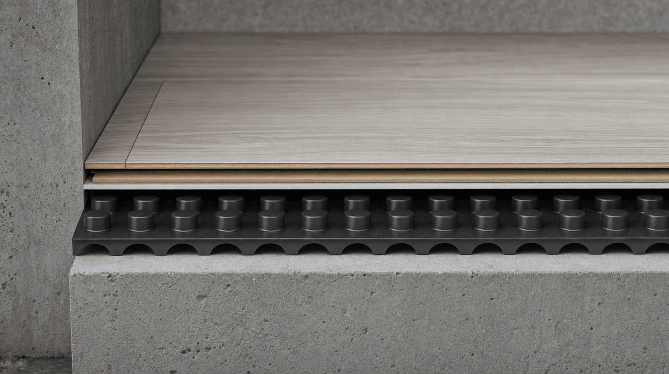 An instructional cutaway of a basement floor build-up: concrete slab, a dimpled subfloor membrane, and luxury vinyl plank on top
