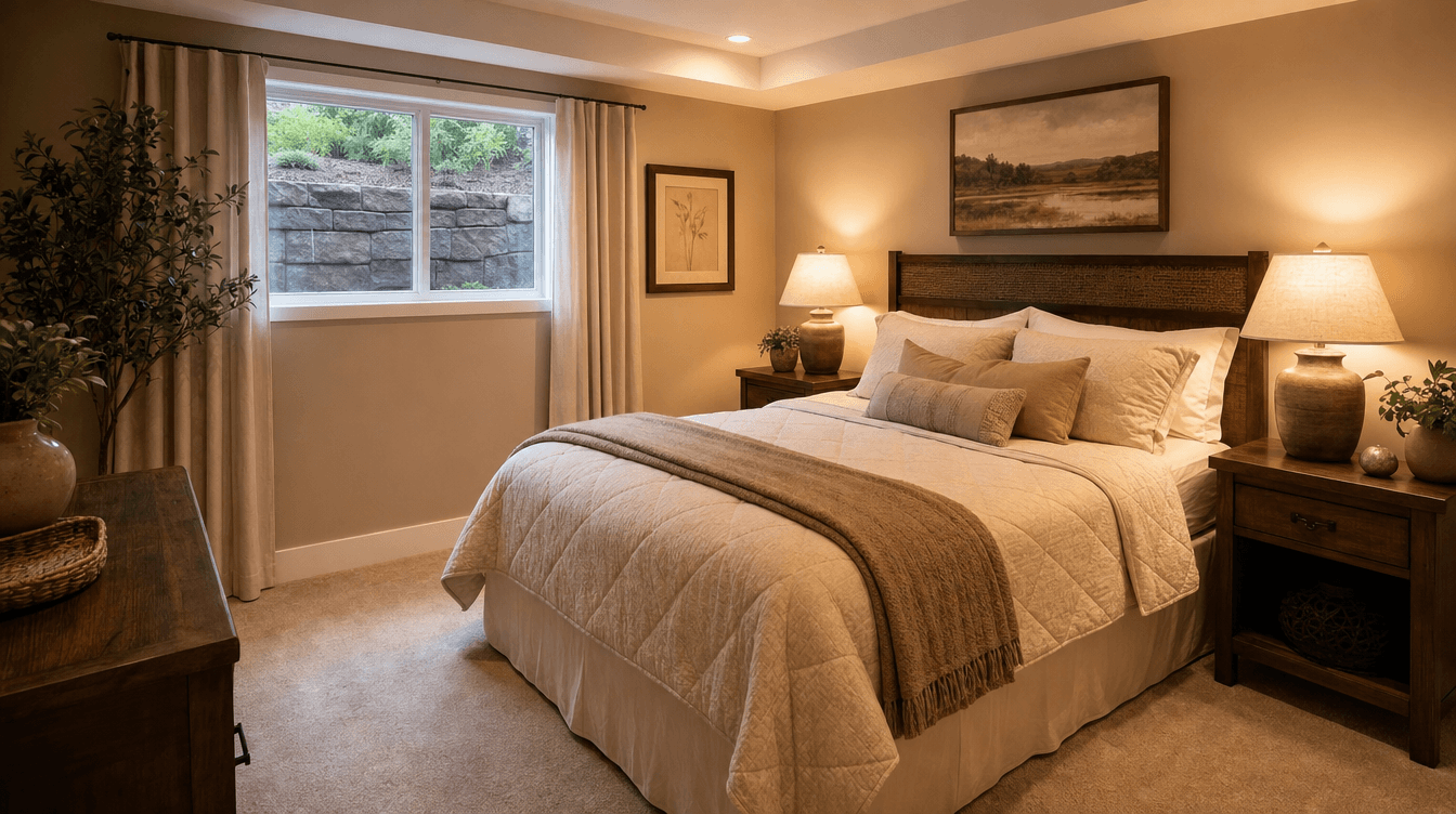 A warm, hotel-like finished basement guest bedroom with a comfortable bed, bedside lighting, and an egress window