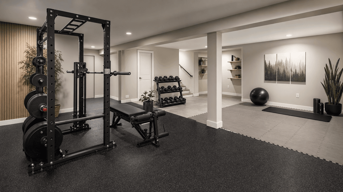 A finished basement home gym with black rubber gym flooring under a weight rack and dumbbells and a lighter zone to the side