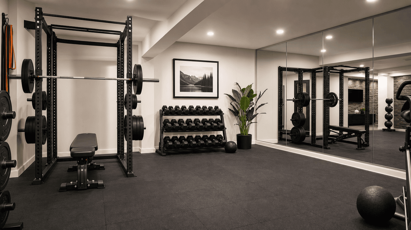 A calm finished basement wellness room with open floor space and soft lighting, suited to yoga and meditation