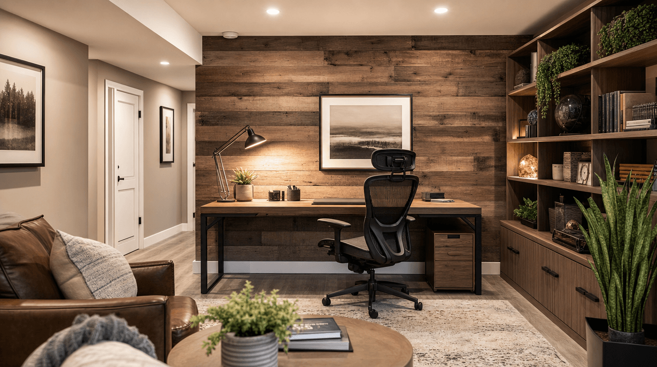 A bright, warm finished basement home office with a desk, task lamp, feature wall, and shelving