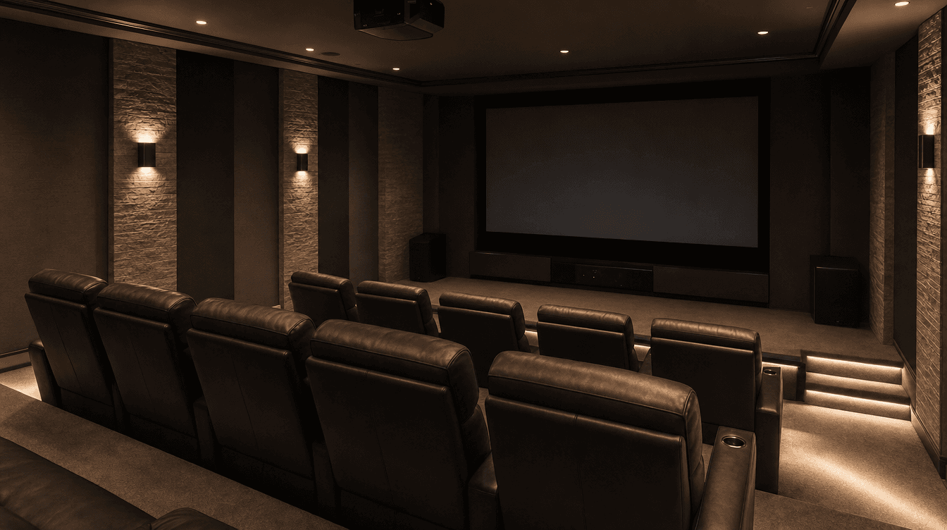 Finished basement home theatre with a large screen, tiered recliner seating, and warm accent lighting