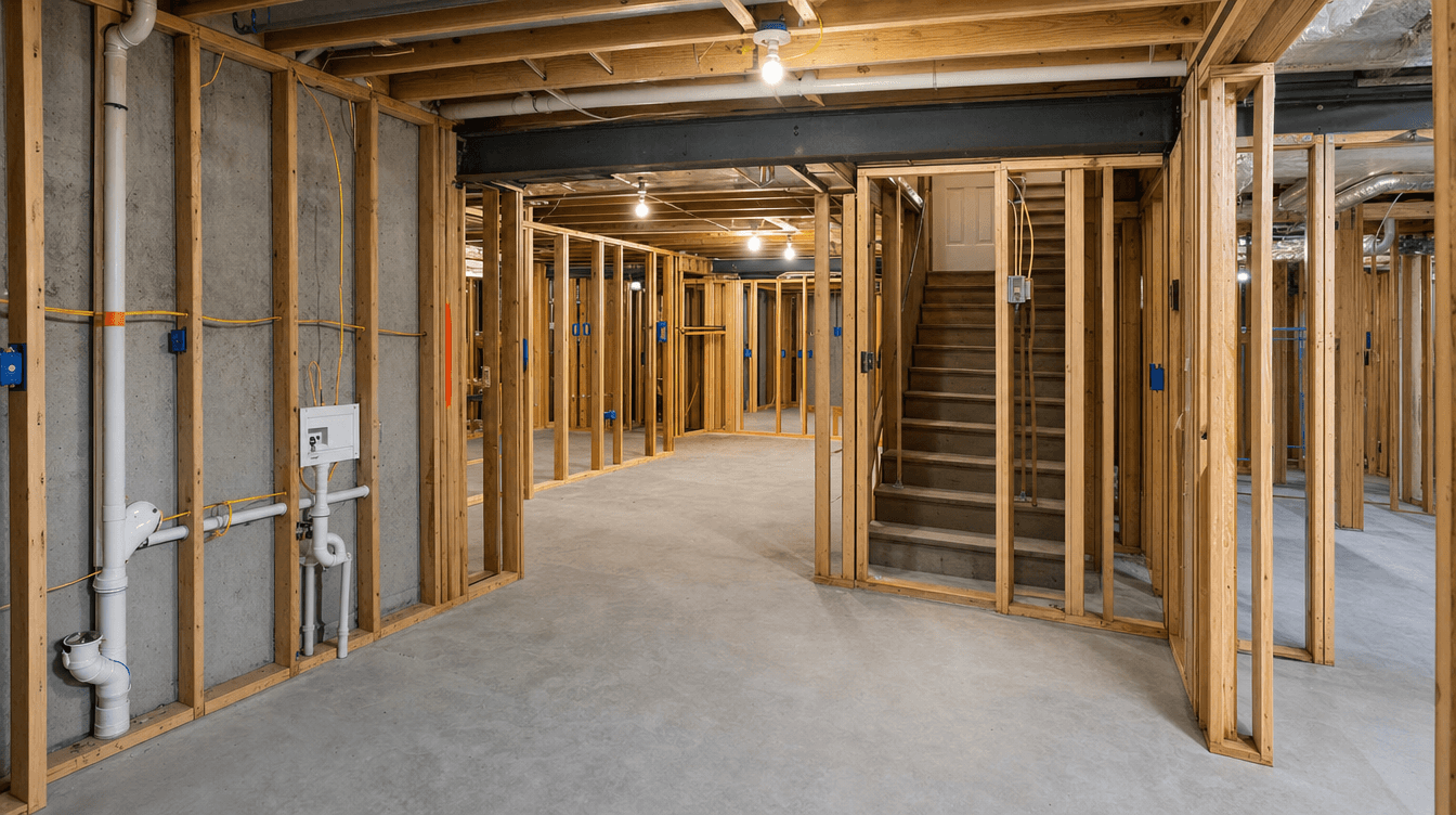 Basement at the rough-in framing stage with open walls showing framing, wiring, and plumbing