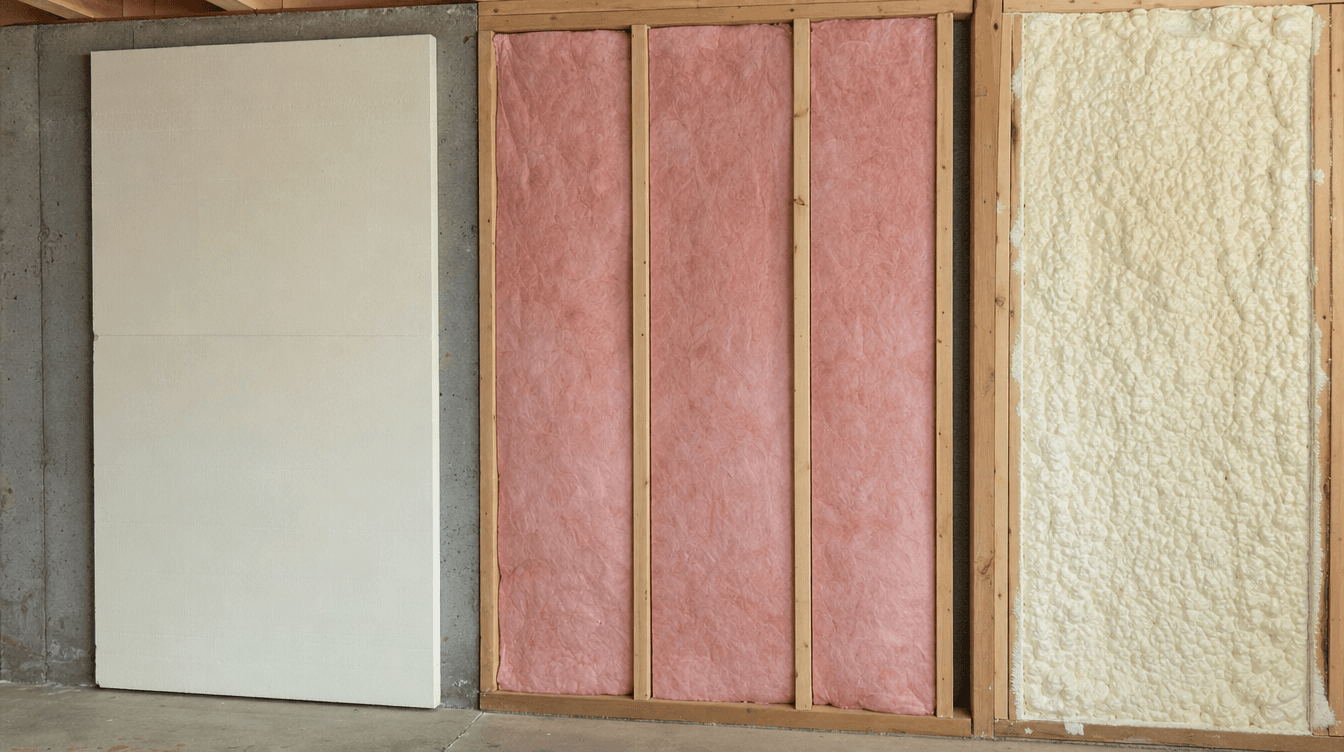 An instructional comparison of insulation types against a basement wall: rigid foam board, batt between studs, and sprayed foam