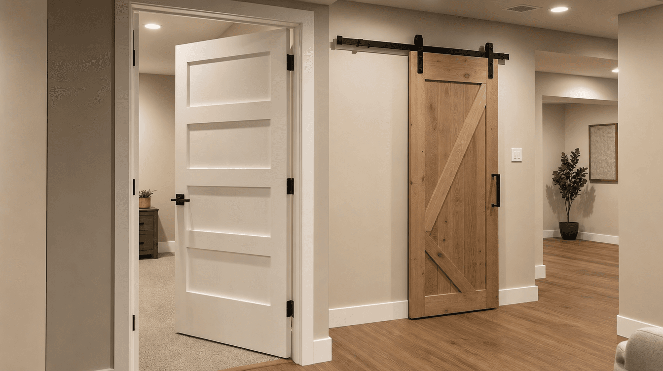 A finished basement hallway with a solid panel interior door and a sliding barn-style door, clean modern trim and matching hardware