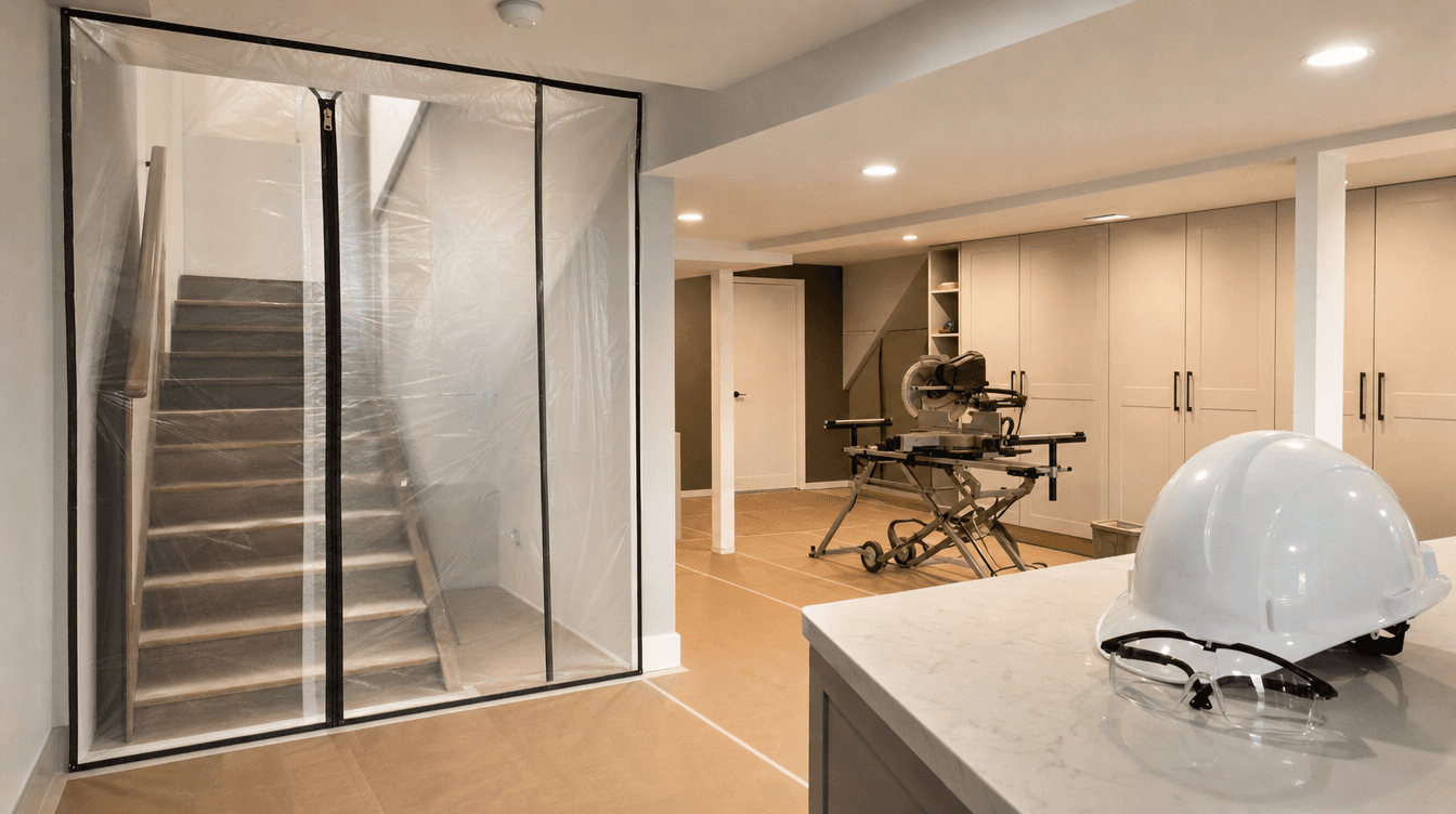 A tidy well-managed basement job site with a sealed zippered dust barrier at the stairs, floor protection, and a hard hat