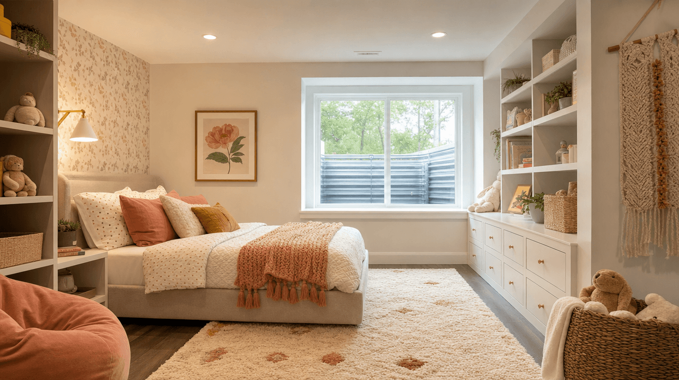 A bright cheerful finished basement kids bedroom with a bed, a daylit egress window, built-in storage, and warm finishes