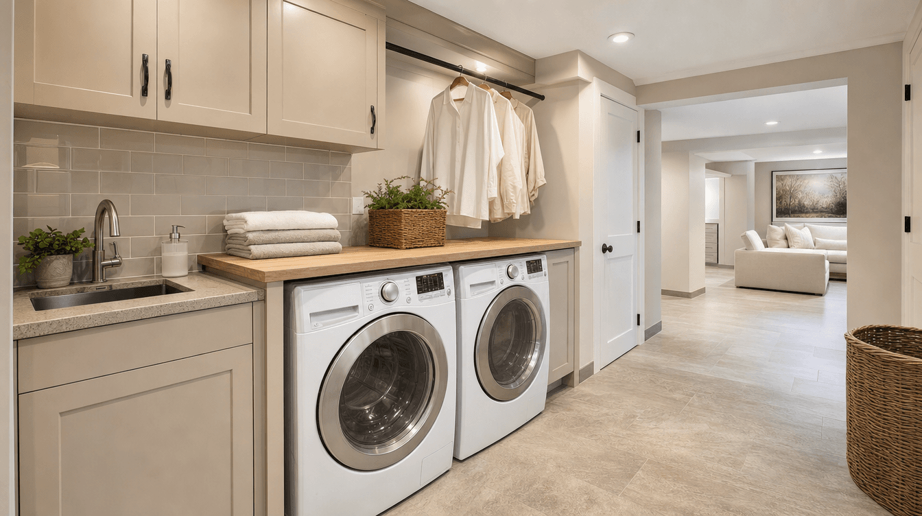 A bright tidy finished basement laundry room with a washer and dryer, a folding counter, cabinets above, and a hanging rod