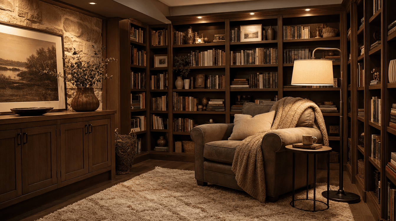 A cozy finished basement reading nook with floor-to-ceiling built-in bookshelves, a deep armchair with a throw, side table, and warm reading lamp