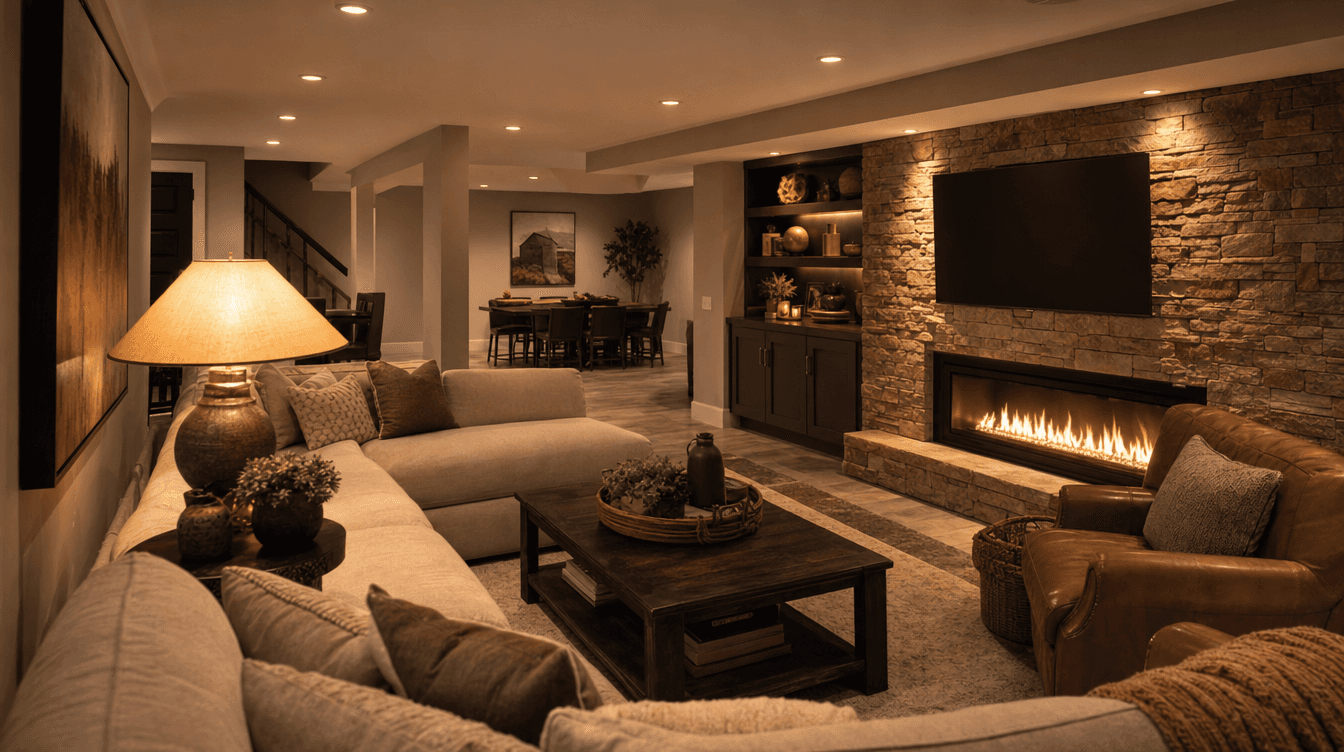 Warm windowless finished basement lounge with layered lighting: pot lights, a table lamp, and an accent-lit feature wall