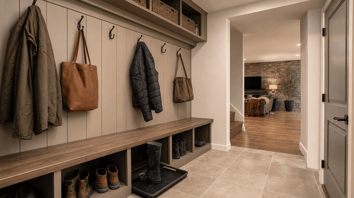 A tidy finished basement utility room with cubbies, hooks, and durable flooring, suited to pet gear and easy cleanup