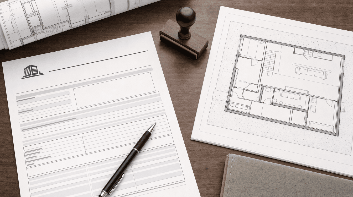 A desk with permit paperwork and house plans, conveying the documents involved in a basement permit application