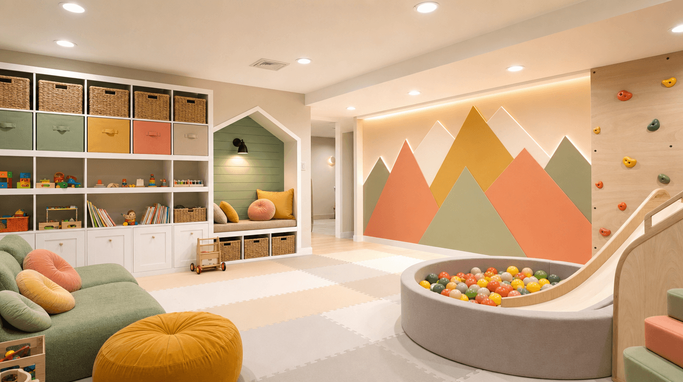 Bright cheerful finished basement playroom with soft flooring, built-in toy storage, and a reading nook