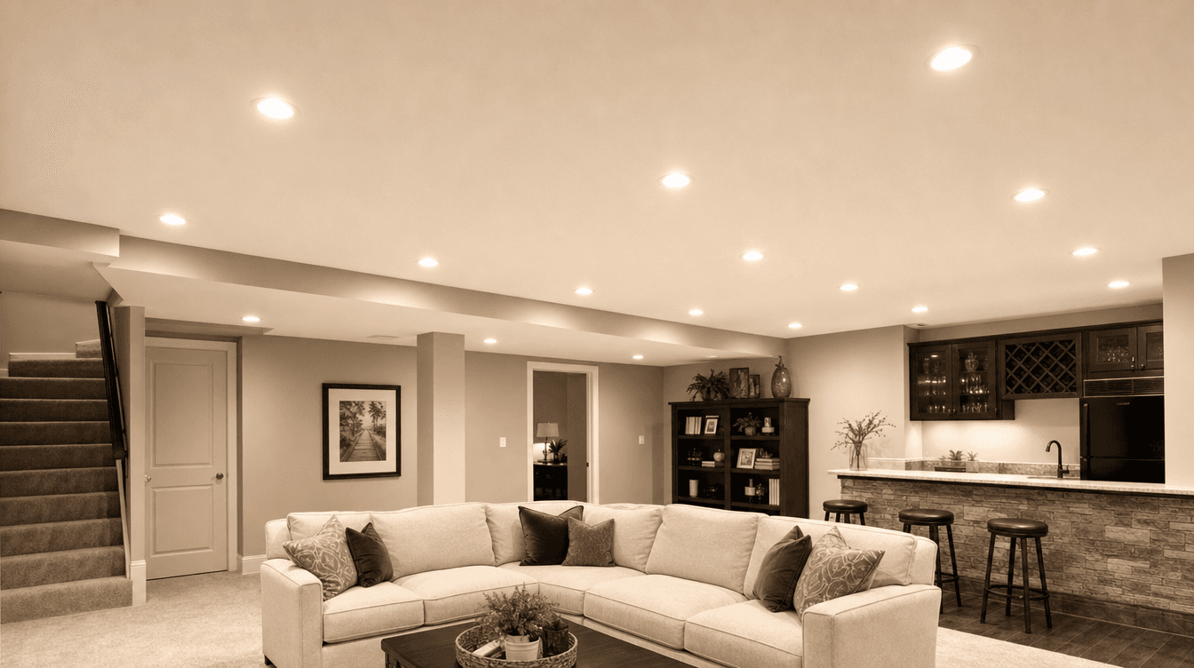 A finished basement ceiling with a clean grid of warm-white recessed pot lights evenly lighting the room below