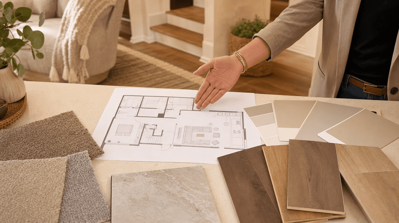 A designer's hand presenting a basement plan and finish samples on a table in a home