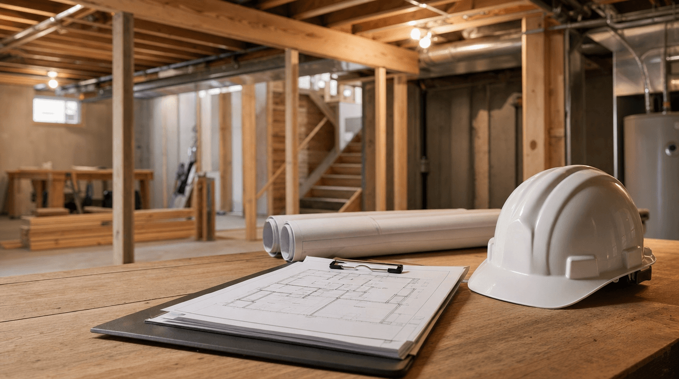 A tidy job-site scene with a clipboard and plans on a table and an organized basement build in the background