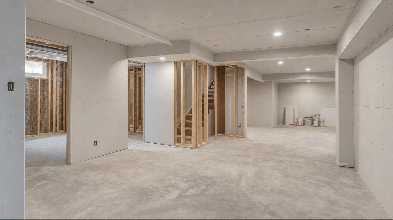 An organized basement construction site at the drywall stage conveying steady progress.
