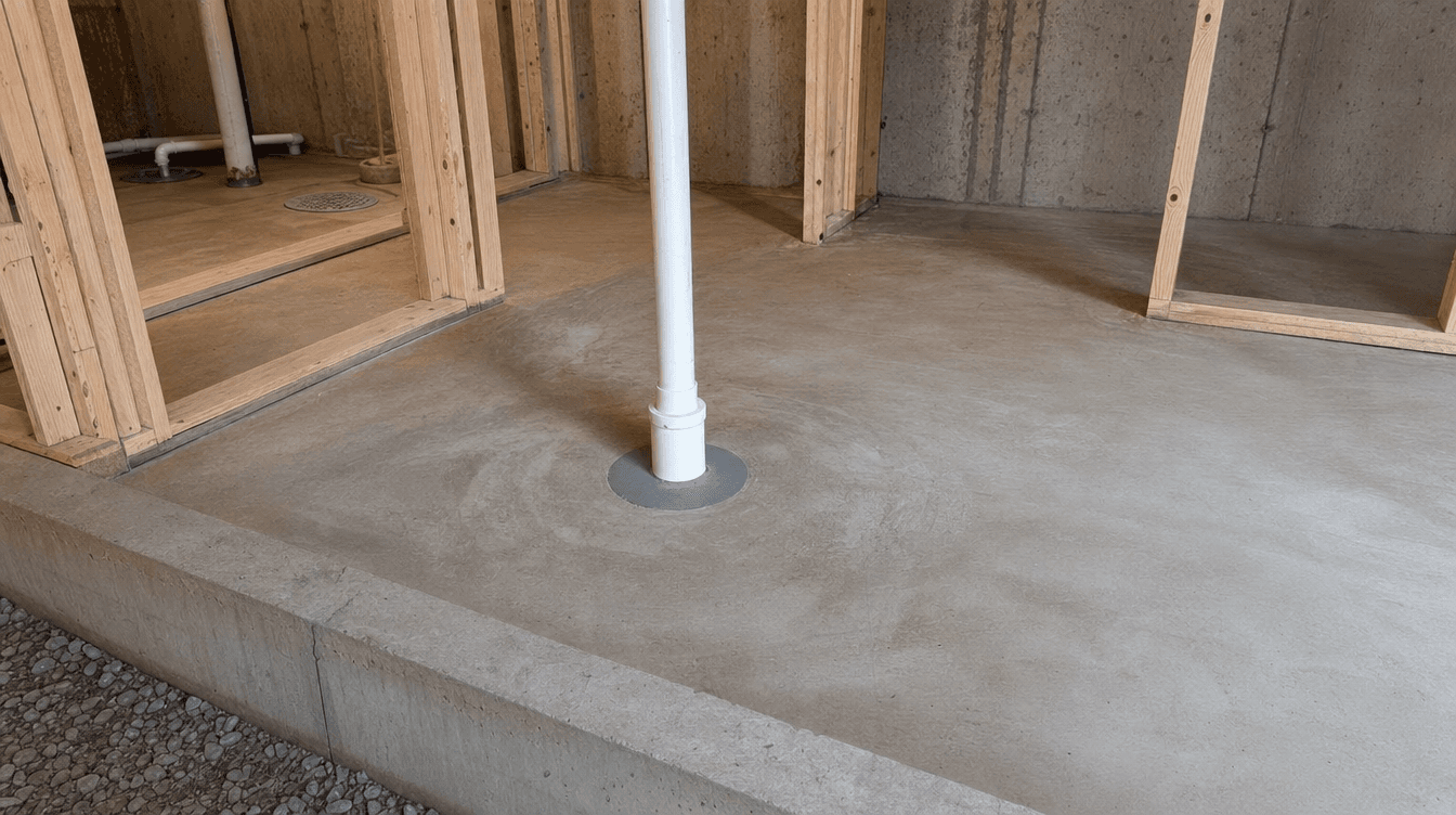 An instructional view of a basement slab with a radon mitigation rough-in pipe through the floor and sealed edges before finishing