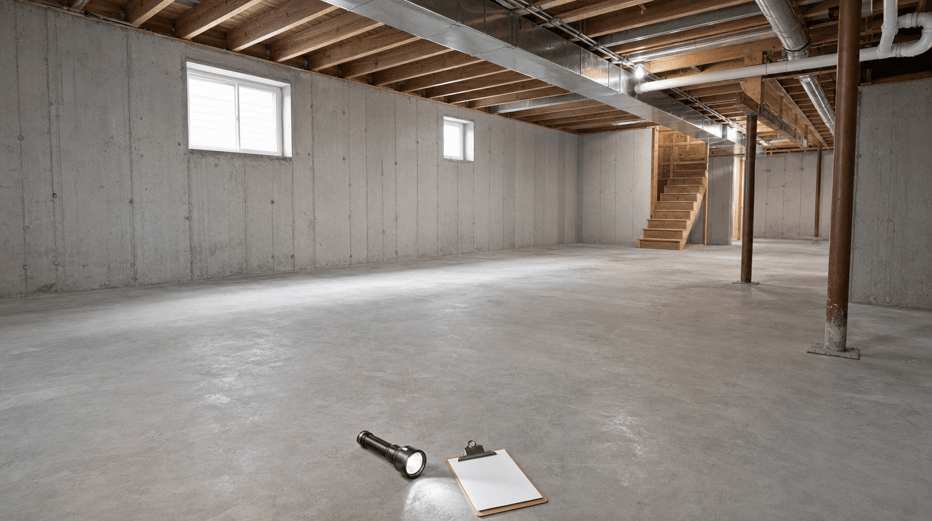 A clean unfinished basement being assessed with a flashlight and clipboard