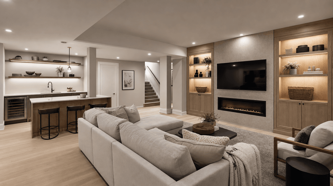 A finished basement design detail — custom built-in storage in a Calgary rec room.