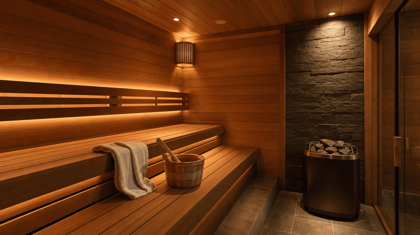 A warm inviting finished basement sauna with cedar-toned wood benches, soft lighting, and a heater