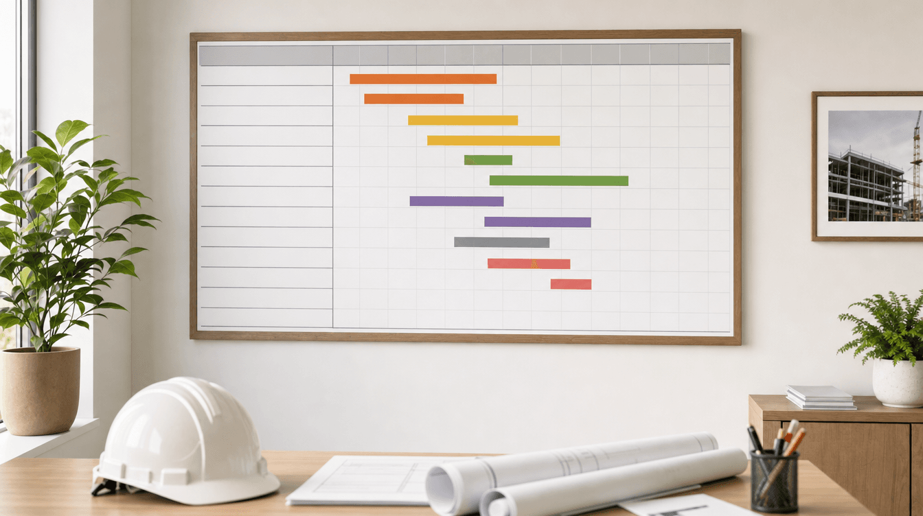 A basement build schedule and coordination flat-lay, conveying scheduling the trades