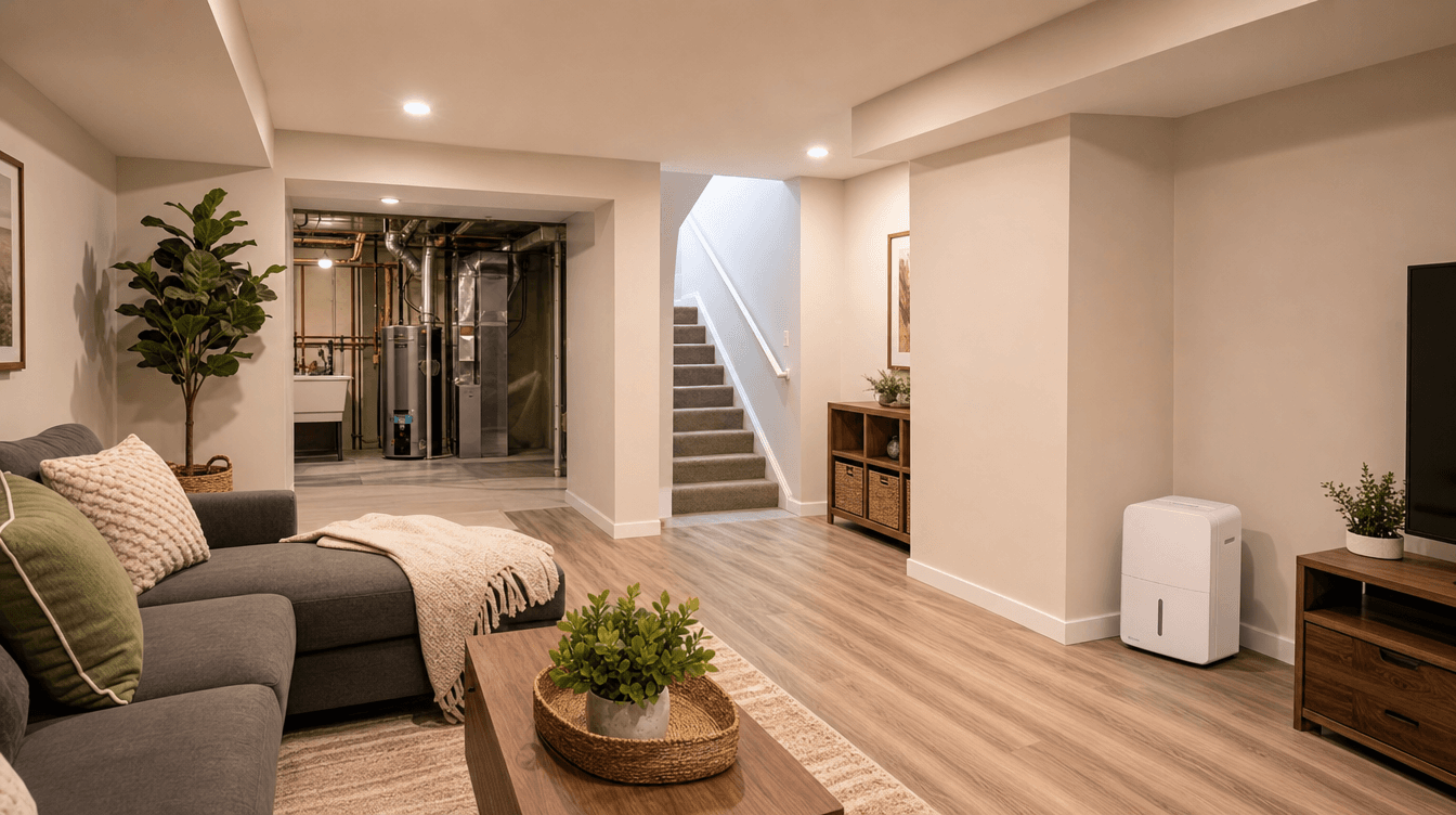A clean, well-kept finished basement with a small dehumidifier in a corner and a tidy mechanical area