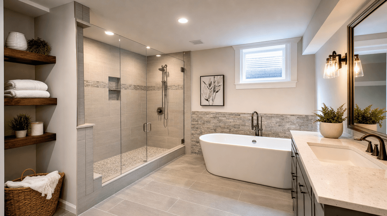 A finished basement bathroom with a glass walk-in shower and a freestanding soaking tub.
