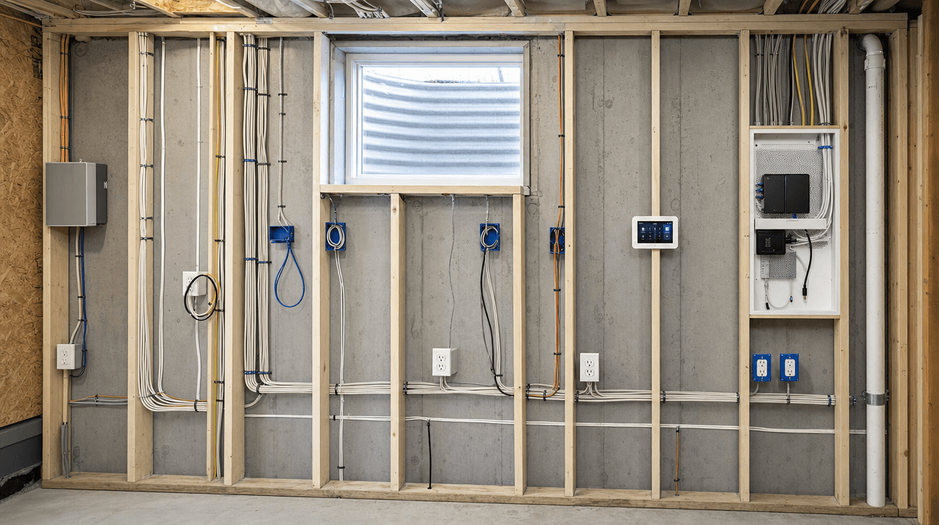 A basement wall at rough-in stage showing neat network and low-voltage cabling and a smart panel