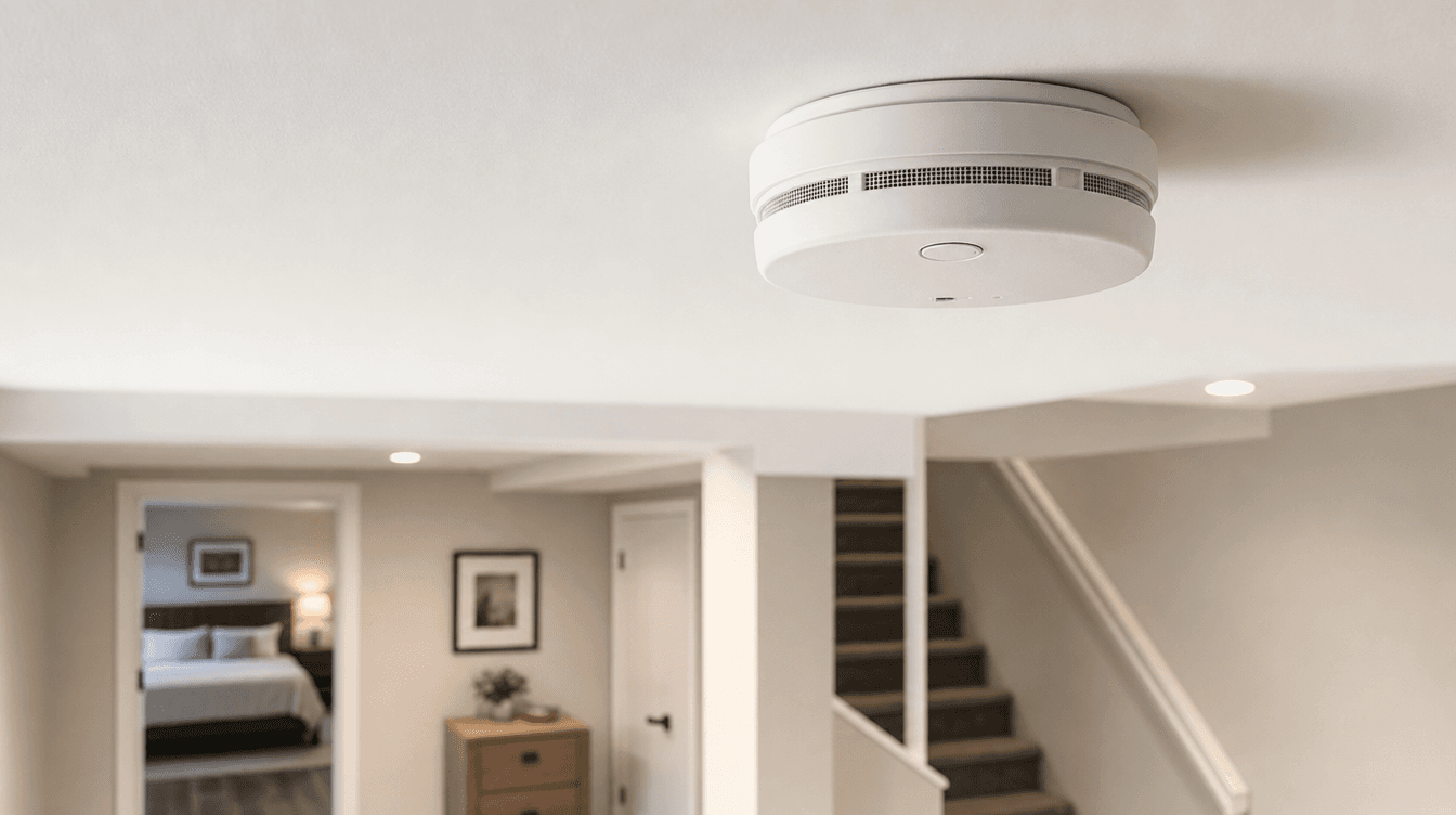 A ceiling-mounted white smoke and carbon monoxide alarm in a clean finished basement