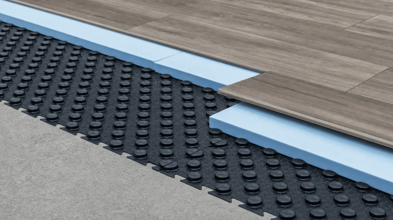 Close-up of a dimpled subfloor membrane and rigid panels over a concrete slab with flooring going down on top