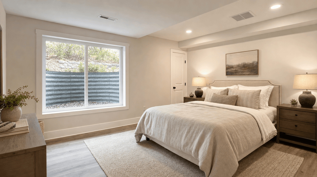 A finished basement suite bedroom with a large code-compliant egress window and a proper window well letting in daylight