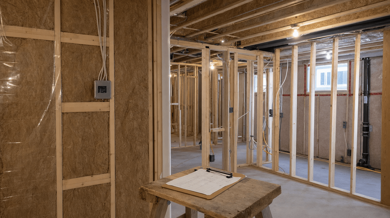 A basement suite at rough-in stage with framing and wiring visible, being reviewed against a clipboard