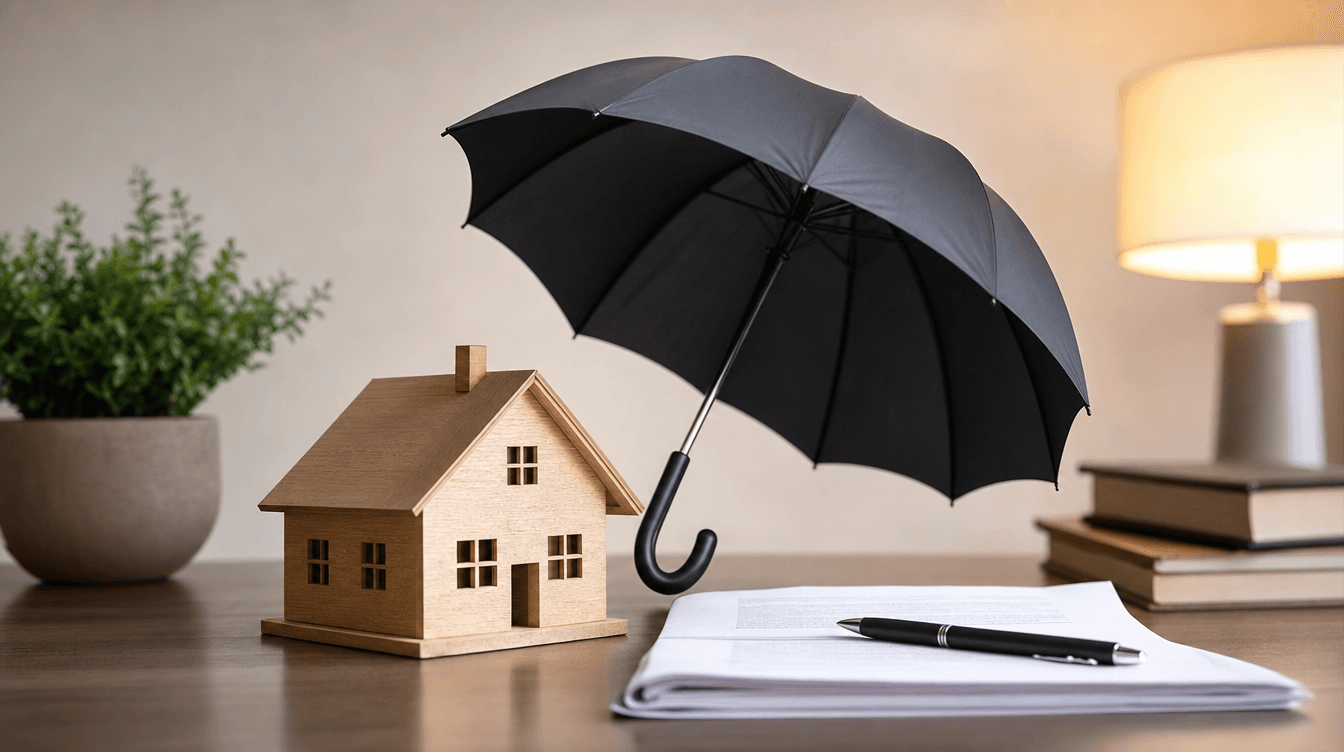 A calm desk scene with a small model house, a protective umbrella element, a document, and a pen, conveying suite insurance