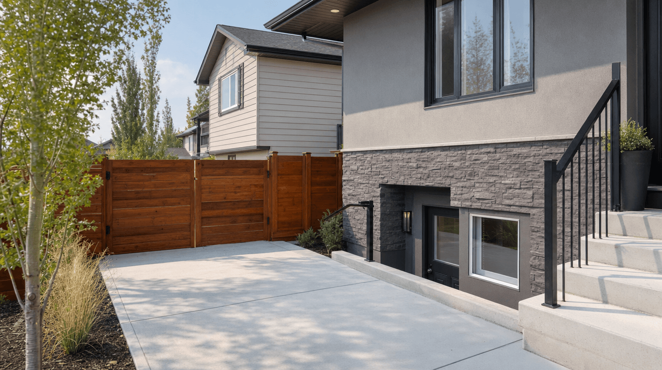 A tidy Calgary home exterior with a driveway parking pad beside the house and a separate suite entrance