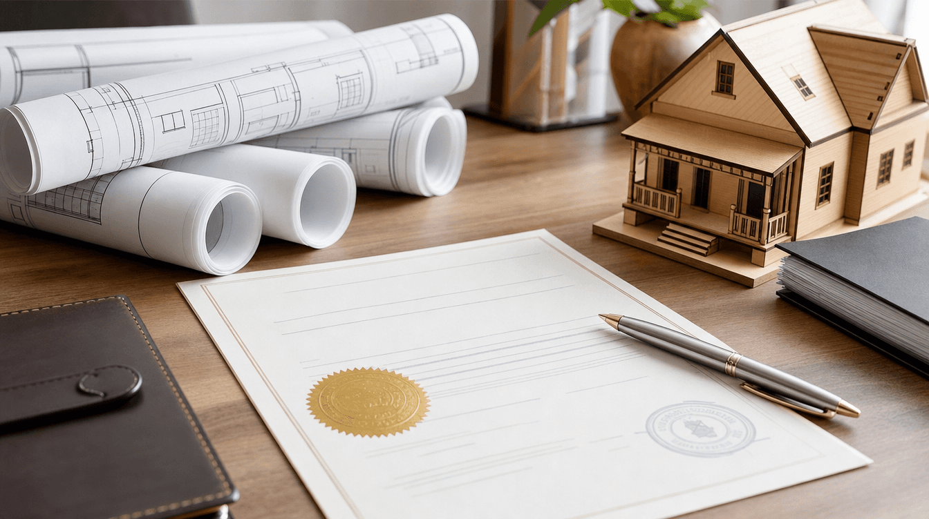 A tidy desk with rolled house plans, an approval document, a pen, and a small model house, conveying suite permitting