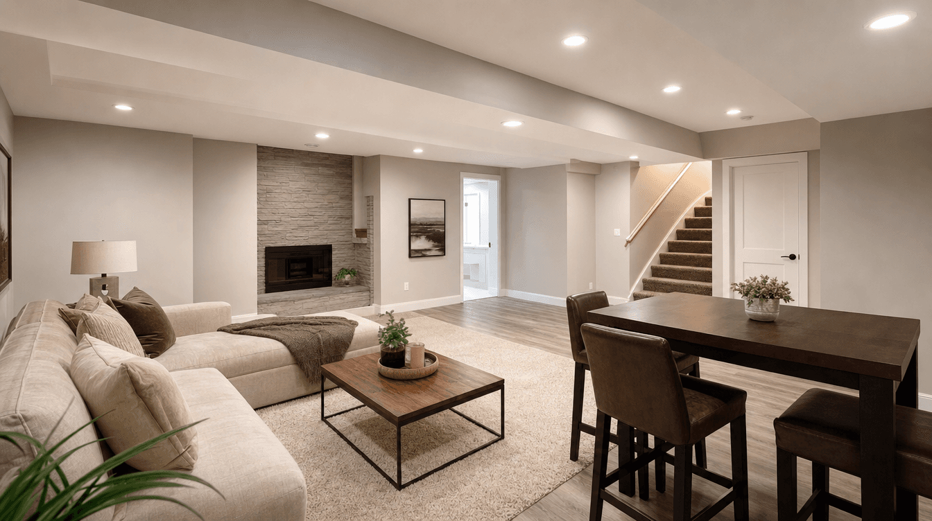 A bright, comfortably sized finished basement suite living area with good ceiling height and open space