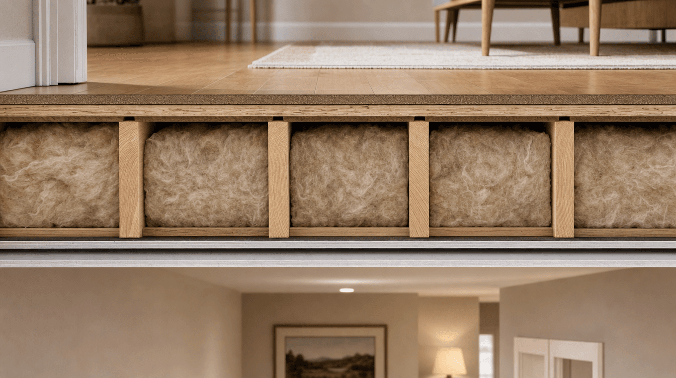 A clean cutaway-style view of a floor and ceiling assembly between two levels with insulation batts between joists, conveying sound separation