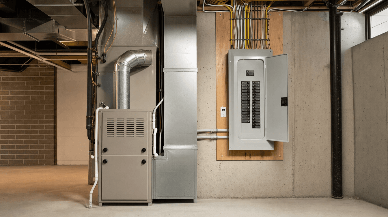 A clean basement mechanical area showing a furnace and an electrical panel neatly installed