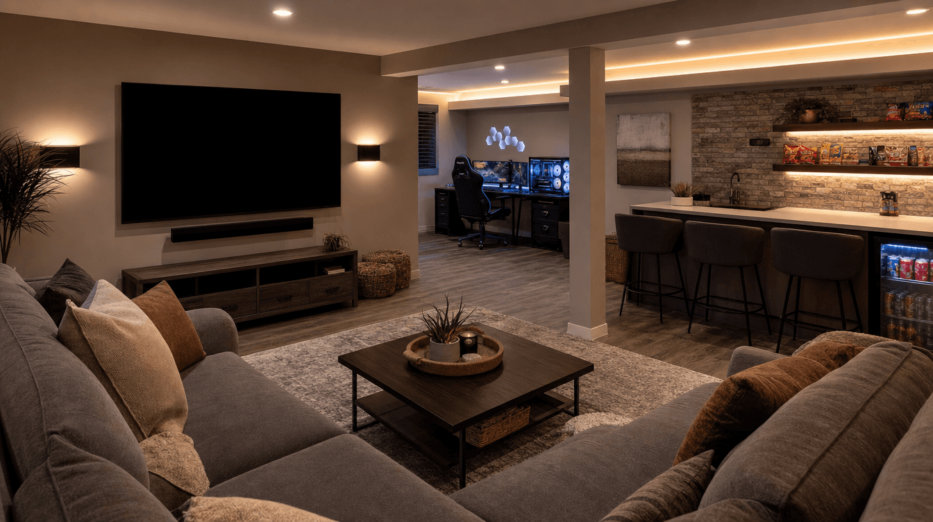 A fun but tasteful finished basement teen lounge with a sectional facing a big screen, a gaming corner, and a snack counter