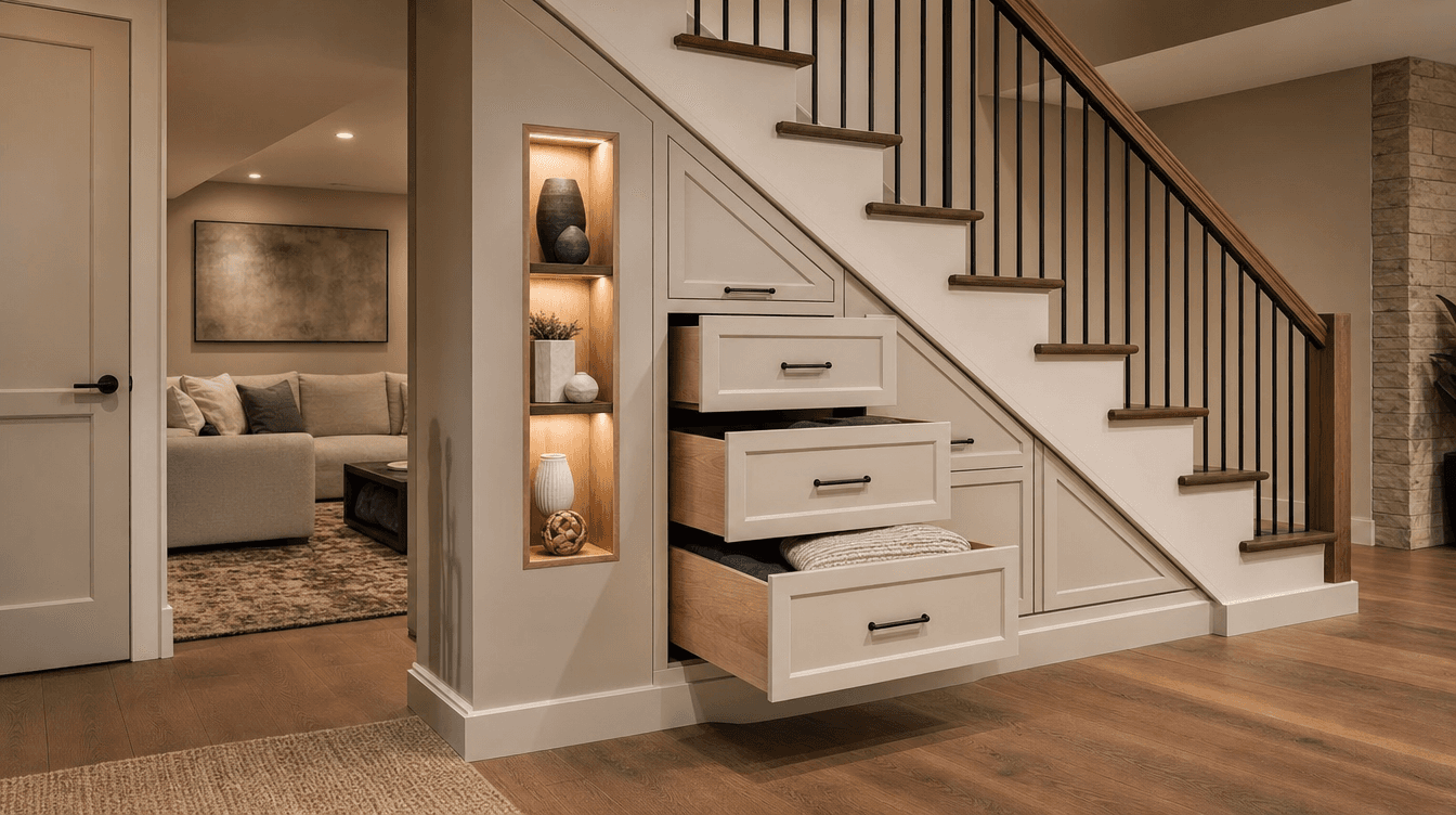 Custom under-stair built-in drawers and cabinetry in a finished basement, showing made-to-fit storage
