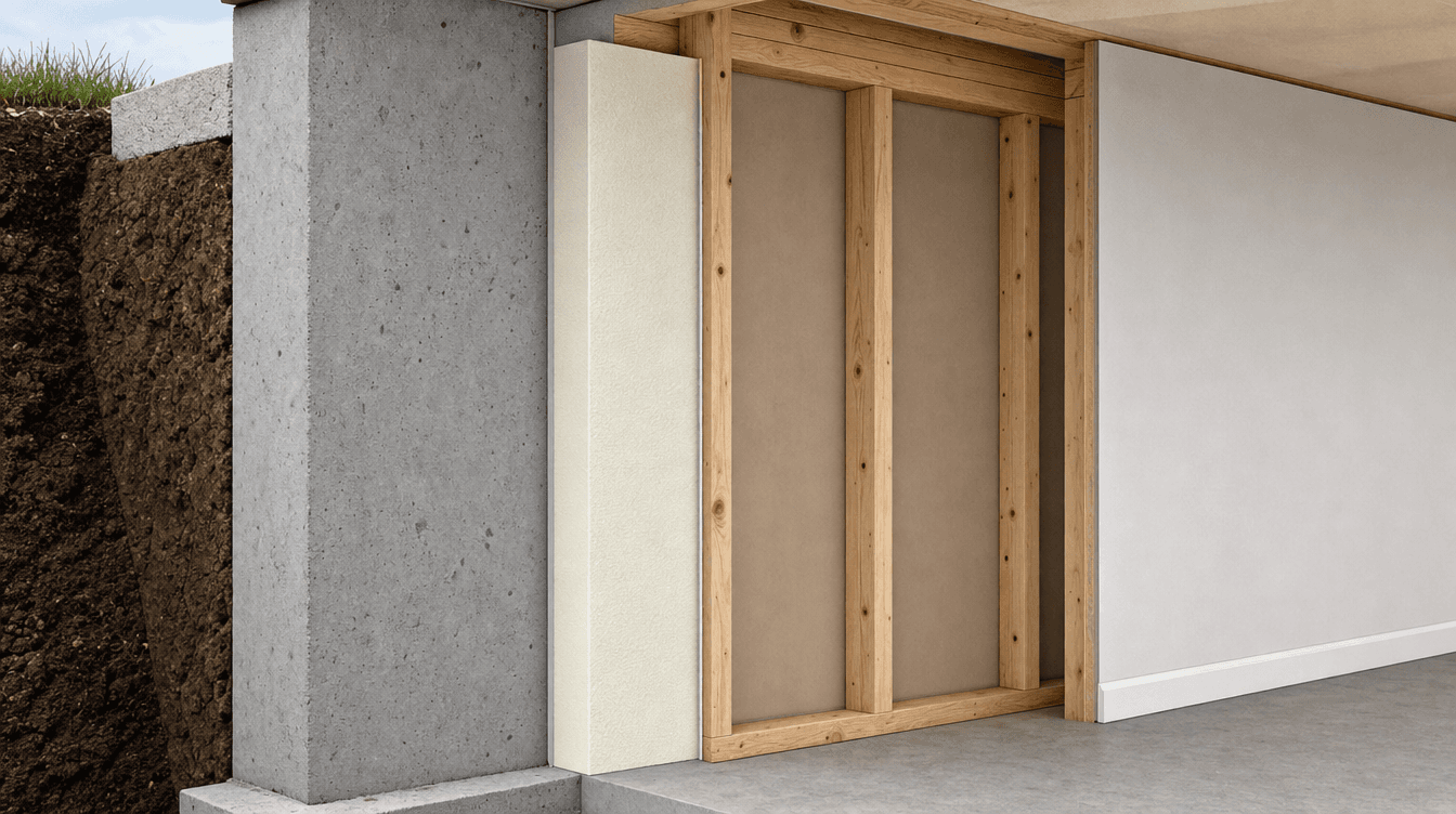 An instructional cutaway of a basement wall assembly showing rigid foam against concrete, framing, and a vapor-control layer