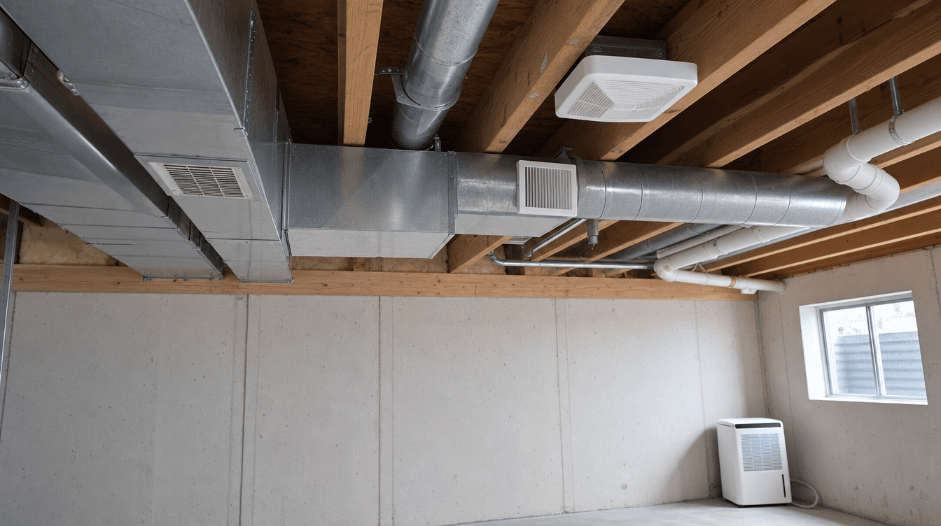 A basement ceiling detail showing HVAC supply and return ducts, a bathroom exhaust fan, and a dehumidifier